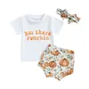 Kledingsets schattige baby Halloween -kostuumset korte mouwbrief afdrukken t -shirt pompoen shorts en hoofdband - perfect voor babymeisjes