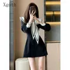 Casual Dresses Ladies French Gentle Cross Lace Up Sailor Collar Double Breasted Waist Retraction Temperament Short Skirt Women Clothing