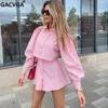 Gacvga Plaid Culottes Sets Sets Shirt Flar Dopasowanie garnitury Bluzka Bluzka Długie rękawie stroje Summer Autumn Women Dwuczęściowy zestaw 240429