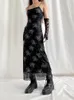 Casual jurken zoals duistere academische academische bloemenprint maxi jurk vrouwen mesh patchwork vintage feest lange elegante mouwloze blakc outfits