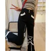 Frauen Jeans Schlitz Design Flared Joggshose Spitzenkanten Schwarze Straighthose Sommer Frühling Weet Girl High Taille Pantalone