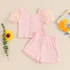 Ensembles de vêtements focusnorm 1-5y beaux enfants filles vêtements d'été Souetflowers Imprimez en maille courte t-shirt à manches bouffantes et shorts élastiques