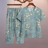 Kvinnors tvåbitar byxor Lady T-shirt Set Mid-Aged Mormor Homewear Floral Print Kort ärm Elastisk midja Sleepwear Casual Loose