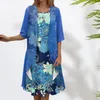 Lässige Kleider Mutter Langes Kleid eleganter Blumendruck Midi Set mit purer Maschen-Strickjacke Frauen knielange O Hals für Mitte des Alters