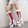 Stiefel Schöne Pelz Schnee gekreuzt Schnüre-up Winter Frauen runde Zehenplattform Botas Mujer Super High Heels gemischte Farben Zapatos