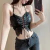 Tanks pour femmes Crop Top Halterneck Pu Leather Camisole Strap Design Slim Fit All-Match Sexy Short Girl Streetwear