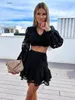 Work Dresses Hollowed Lace Crop Top 2 Piece Set Floral Embroidery Outfits Lantern Sleeve V Neck Shirts Short Skirts Sexy Dress For Women