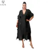 Платья для вечеринок Vazn 2024 Half -рукав Deep V Tassel Pure Color Mid Long Dress Street Stry Style Женщины