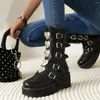 Stiefel Keile Plattform Gothic Metal Frauen Frauen mittlerer Kalb Herz Schnalle Round Toe Herbst Winer Schuhe Y2K Stil Stil