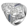 Avec des pierres latérales Seanlov 2024 Fashion Luxury Couleur argentée anneaux féminins Design Big Blanc Bleu zircon ovale pour femme