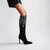 ブーツ膝 - ハイベルベット薄いハイヒールミックスカラー女性靴炎装飾ボタスムジェールラインストーンスティレット