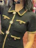 パーティードレス女性スパンコールターンダウンカラーニットドレスハイウエストファッション半袖2024レディシングル胸Aラインミニ