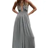 Женщины Halter Neck Beach Long Dress Solid Color Boho без спинки без рукавов Deep V Cutout Flowy for Holiday Vacation