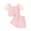 Ensembles de vêtements focusnorm 1-5y beaux enfants filles vêtements d'été Souetflowers Imprimez en maille courte t-shirt à manches bouffantes et shorts élastiques