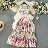 Werk jurken Gagaok Beach Style Tweed Piece Suits Riem Slim Short Tops Vintage Long A Line Rok Women Fashion Floral Print Sets