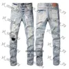 Paarse jeans heren jeans ontwerper paars merk heren man mannelijk licht blauw paars merk jeans high street denim verf graffiti patroon beschadigd gescheurde skinny broek 2249