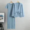 Robe élégante 2 pièces jupe off Office Lady Casual Fashion Tricoted Pieces pour femmes manches longues Robes de manteau patchwork 240423