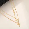 Pendant Necklaces Simple Double Layer Cross Necklace For Women Elegant Rhinestone Droplets Chain Fine Chokers Accessories Fashion Jewelry