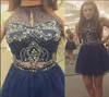 Sparkly Two Pieces Homecoming Dress Turquoise Tulle Short School Formal Aline Halter Crystal Sheer Navy Blue Prom Dress5193746