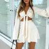 Werkjurken y2k satijn tweedelig set vrouwen herfst witte lantaarn lange mouw gewas Cardigan tops elegante pakken Lace Up Wrap sexy mini -rokken