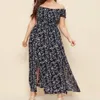 Kvinnor Summer Plus Size Dress Chest Wrapped Short Sleeve Split Flowy Hem Off Shoulder Print Maxi Boho Streetwear 240425