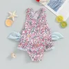 Frauen Badebekleidung 1-6T Vorschule Kinder Badeanzug Blumendruck ärmellose U-Neck süßes, kleines Kreuz Rückenlos