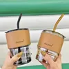 Wine Glasses Internet Celebrity Bamboo Cups With Straw Mocha Coffee Leather Surrounded Mug Office Outdoor Travel Retro Creative Ins 2024