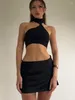 Vestidos de trabalho 2024 Y2K Sexy Black Skirt Conjuntos de cetim sem backless peças set mulheres roupas de festa