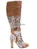 Bottes Toe rond Snake Le cuir genou haut talon épais talon d'hiver Patchwork Couleur de robe longue