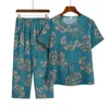 Kvinnors tvåbitar byxor Lady T-shirt Set Mid-Aged Mormor Homewear Floral Print Kort ärm Elastisk midja Sleepwear Casual Loose
