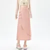 Skirts Chinese Style Knot Buttons Mid-length Women Spring Summer High Waist Slit A-line Skirt Ladies Elegant Vintage Long