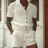 Men's Tracksuits Sets Summer Casual Vertical Stripe Suit Slim Lapel Short Sleeve Button Shirt Shorts Mens Wool Clothes Wholesale