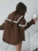 Kvinnors blusar Claceive Fashion Loose Brown Shirt 2024 Casual Doll Collar Long Sleeve Shirts Elegant Classic Solid Top Female Clothing