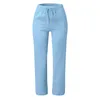 Calça feminina de cor sólida Casual Casual Casa Casa e linho com damas de bolso Longo de perna reta Longa calças longas