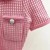 Sukienki imprezowe 2024 Pink Plaid Knit Sukienka Polo Scyk Talia Zasila