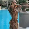 Leopard Ruffle Split Dres Spring Summer Sexy Lace Up V Neck Long Sleeve BodyCon Maxi Dresses Female Party Club Vestidos 240429