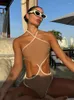 Dameszwemkleding 2024 SEXY Women One Piece Swimsuit Bandeau Solid Braziliaanse halter Strappy Hollow Out Beachwear Bathing Suit Monokini