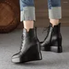 Boots Cow Leather Platform Ankle Ladies Fashion Wedges Shoes For Women Höjd ökar höga klackar Autumn Pumpar Kvinna