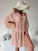 Новая крепированная ткань пуговица пляжного наборочного пальто бикини рубашка купания для женской защита солнца одежда кардиган
