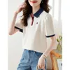 Polos féminins 2024 T-shirt d'été T-shirt Coton Elegant Style Zipper Neck Office Lady Top Short à manches courtes pour plus