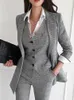 女性エレガントフォーマルビジネスブレザー3ピーススーツオフィスワーク格子縞のジャケットパンツスーツ韓国ファッション女性ビンテージ衣装240423