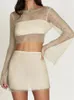 Sexy Sequin Mesh Skirts Two Piece Sets Womens Hollow Out Backless Crop Top Skirt Suits Party Club Mini Outfits 240430