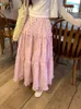 Skirts Kimotimo Sweet Pink Floral Skirt Women 2024 Spring Summer Elastic Waist Spliced Ruffled A-line Long Korean Fashion Casual
