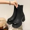 Boots Brand Classic Design Women Cow Leather Chunky Shoes Woman Platform 10cm Höga klackar Tjock Soled Black Female Ankle Booties