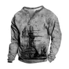 Sweatshirts vintage pour hommes pour hommes 3D Collier de support d'impression numérique 3 Bouton Sweat-shirt à col en V