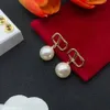 Romantic luxury designer earrings simple V pearl stud 18k Gold women letter logo engrave dangle earrings girls wedding jewelry gift