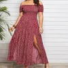 Kvinnor Summer Plus Size Dress Chest Wrapped Short Sleeve Split Flowy Hem Off Shoulder Print Maxi Boho Streetwear 240425