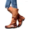 Stövlar toppkvalitet handgjorda skor kvinna äkta läder vinter varmt knä högt lapptäckbälte spänne platt motorcykel lång