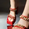 Slippers Plus Size Double Row Gold Metal Chain Punk Women's Sandals With Square Toe Extra High Thick Heels Layer Platform
