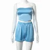 Women 2024 Sexy Strapless Two Pieces Shorts Sets Blue Backless Hollow Out Tanks and Shorts Tracksuit Fashion Matching Set Suits 240420